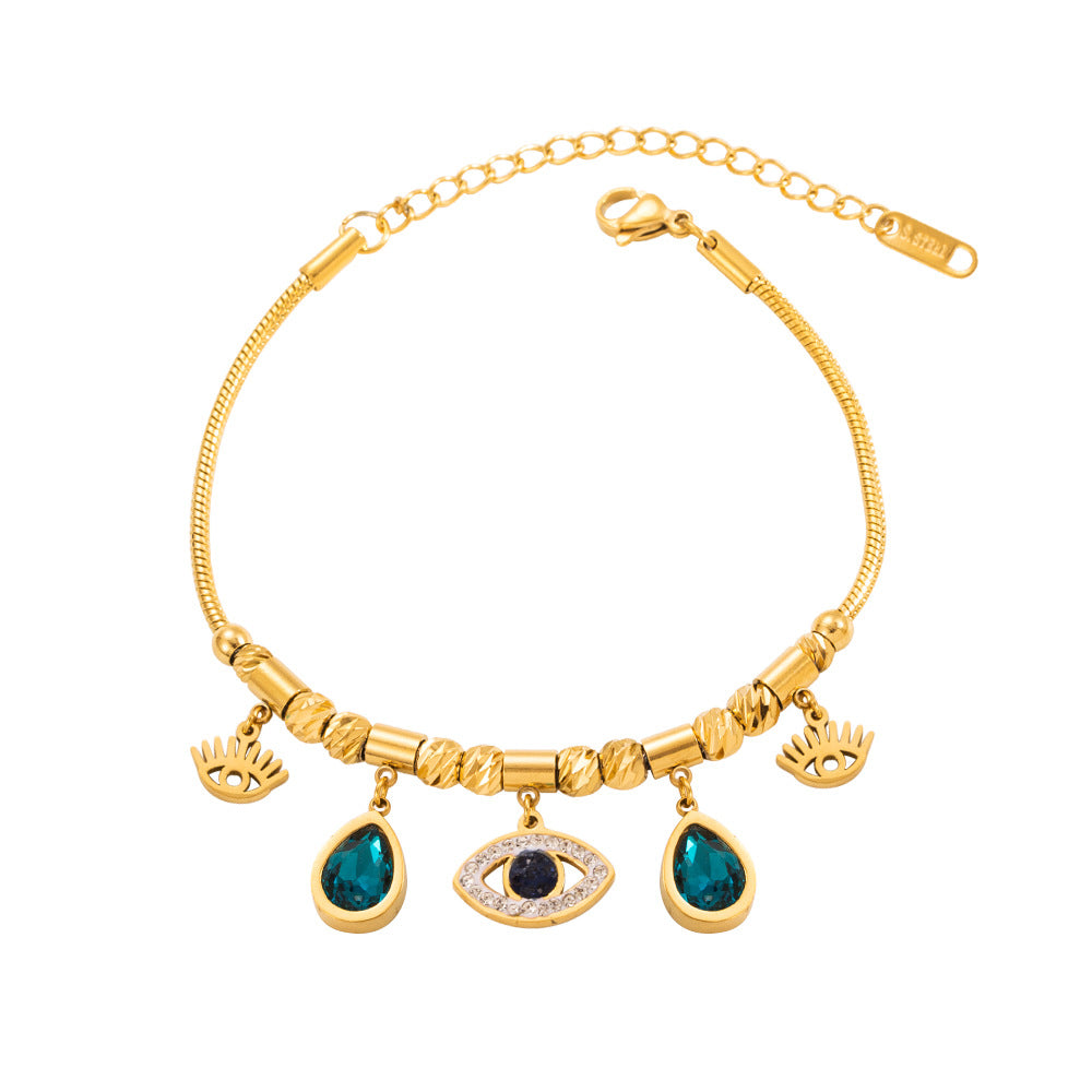 Wholesale Stainless Steel Retro Light Luxury Design Sense Devil's Eye Turquoise Glass Drill Titanium Steel Bracelet Jewelry